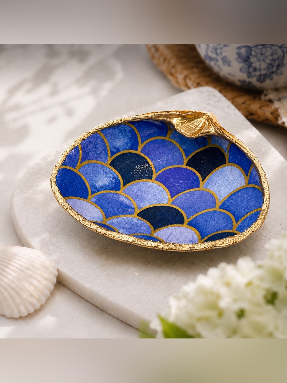 Hand Decoupage Clam Shell | Mermaid Tail Print, Gold Gilded Edge, Coastal Decor - Picture 4 of 4